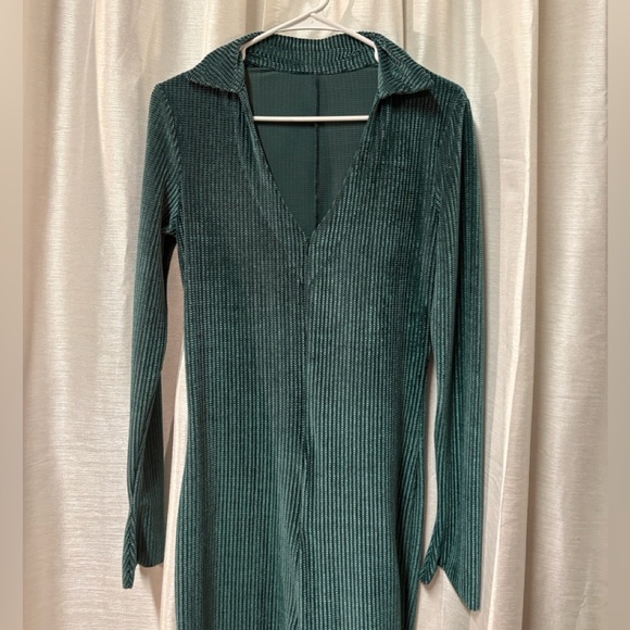 Blush Mark Deep Green Ribbed Jumpsuit S Polo Collar Plunge Neck Romper - Picture 13 of 14